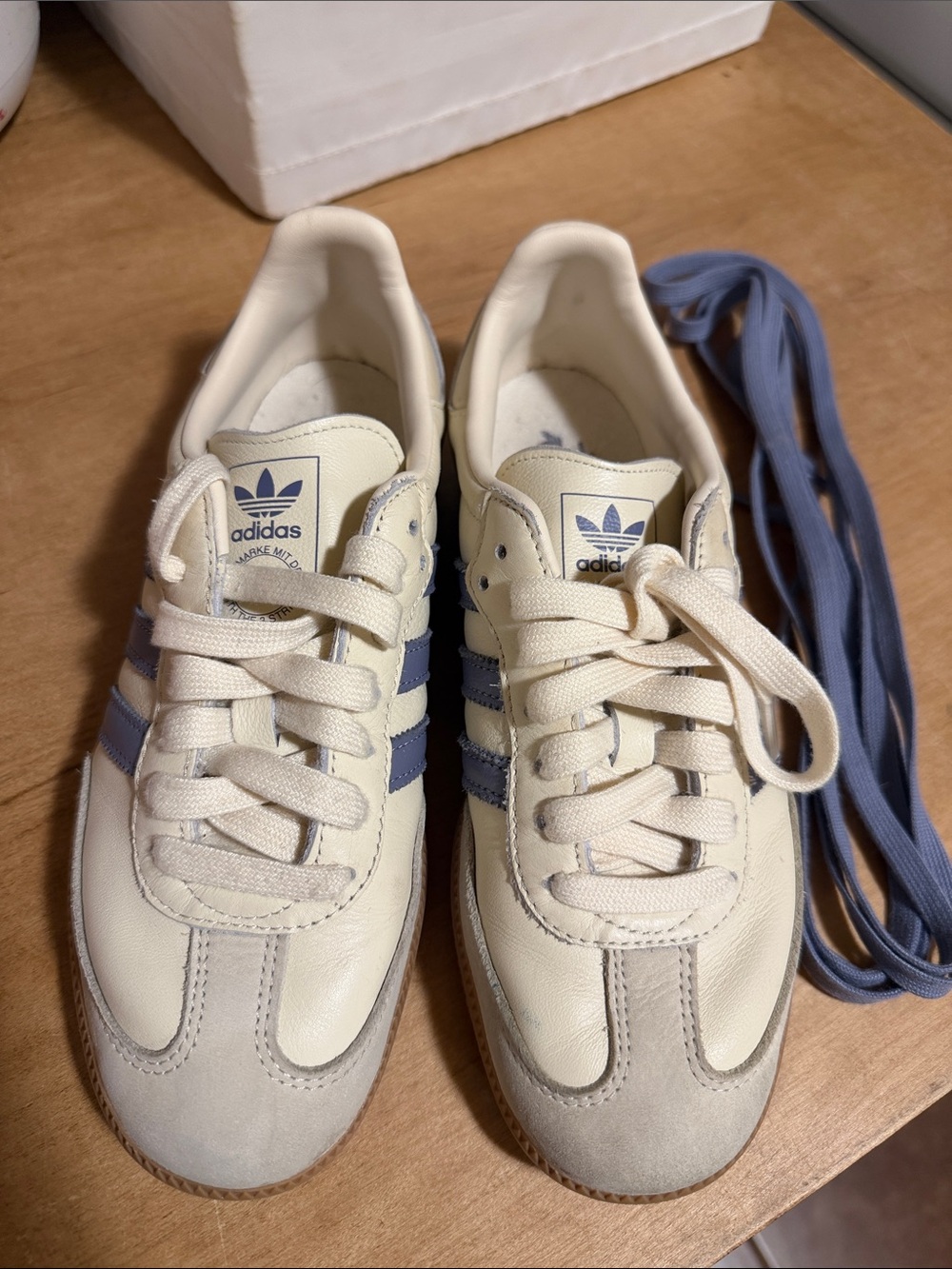 adidas Samba Retro Leather Sneakers in Cream with Blue Stripes